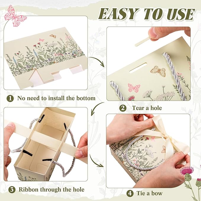 Moinchore 30 Pcs Vintage Wildflower Paper Gift Bags Bulk 5.5 x 4.7 x 2.5 in Mini Flower Plant Favor Bags with Handles Bow Ribbon Wrap for Spring Summer Birthday Home Wedding Party Supplies