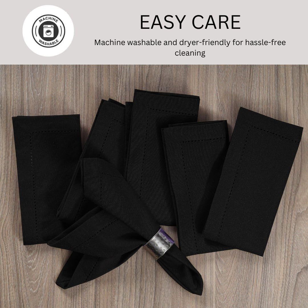 Hemstitch Cloth Dinner Napkins 100% Cotton Set of 12 - for Dining Special Occasions Weddings Parties Holidays Easter - Soft Durable Reusable - 18x18 Inch Table Cloth Napkins Black