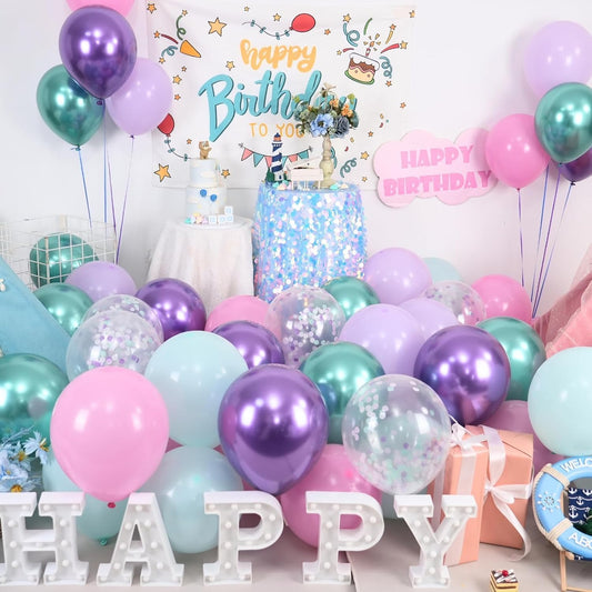 Paready Mermaid Balloons Set, 60Pcs Metallic Green Purple Balloons, 12Inch Pink Purple Balloon Purple Teal Blue Confetti Balloon for Girls Birthday Baby Shower Mermaid Themed Wedding Party Decorations