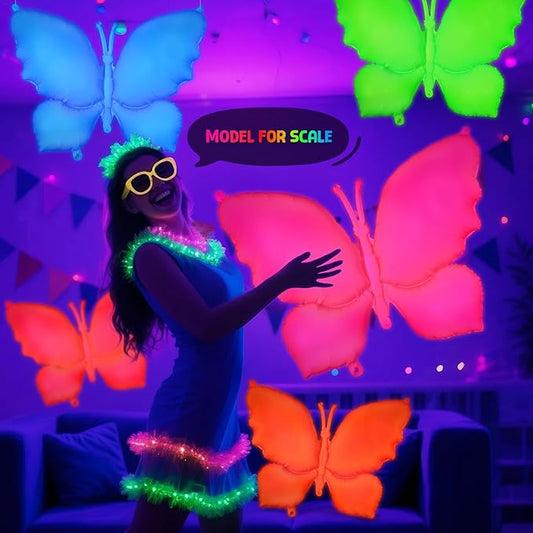 Mega-L Glow in the Dark Party Supplies,5 Pcs Neon Butterfly Balloons Set – Fluorescent Red, Lemon Yellow, Fuchsia, Blue and Orange Balloons Perfect for Birthday, Wedding, Anniversary, Graduation Party