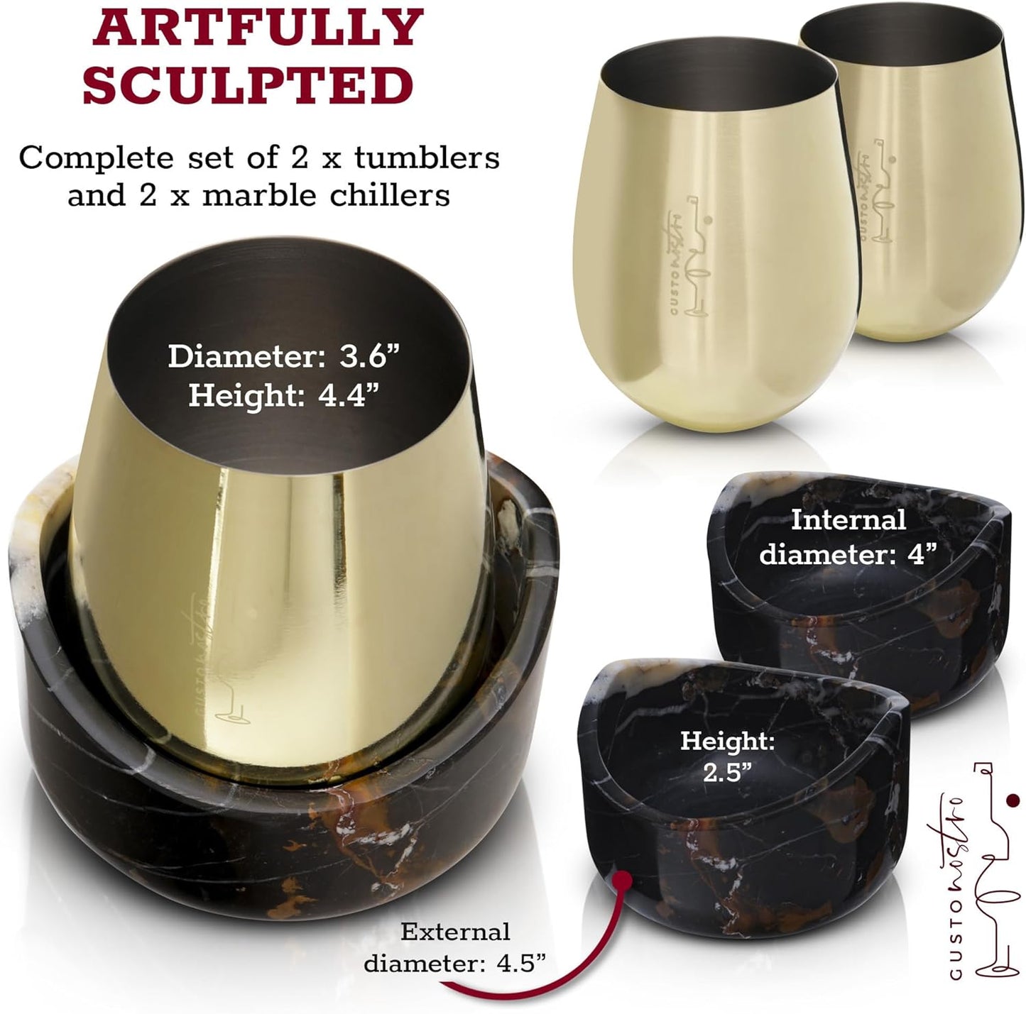 Gusto Nostro Marble Wine Chiller for Glass & Stainless Steel Tumbler Set of 2 - Wine Glass Chiller Holder for Freezer - Cool Set of Chillers & Stemless Wine Metal Tumblers for Home, Bar (Black & Gold)