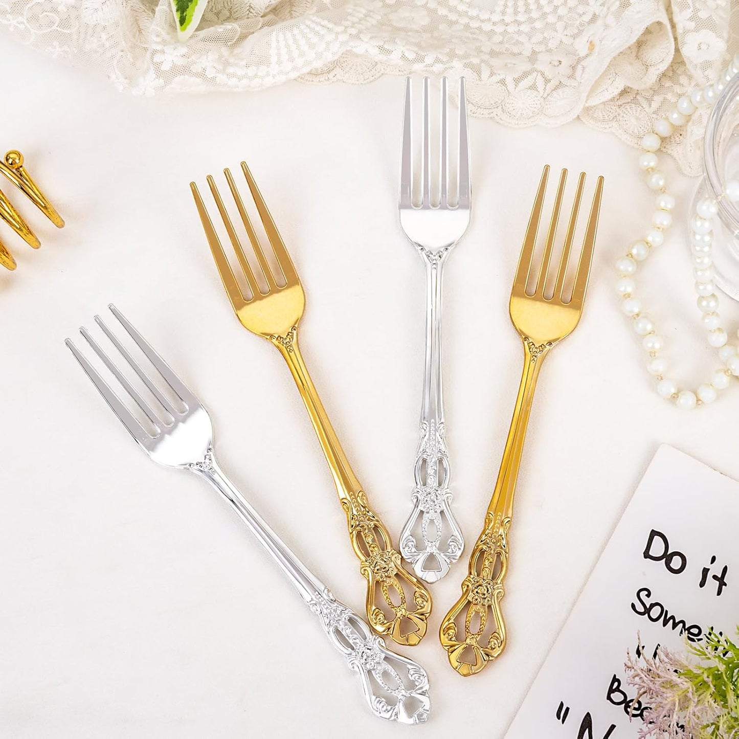 150PCS Gold Plastic Forks - 8.1inch Gold Forks Disposable - Vintage Heavy Duty Dessert Forks - Premium Fancy Plastic Silverware for Parties, Weddings, Dinners and Events