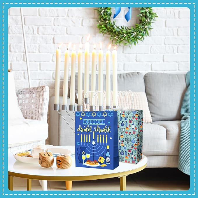 Outus 48 Pcs Hanukkah Party Favor Bags Chanukah Gift Goodie Paper Bags with Handles Jewish Menorah Blue Star of David Dreidel Candy Treat Pouch for Happy Hanukkah Party Decorations Supplies