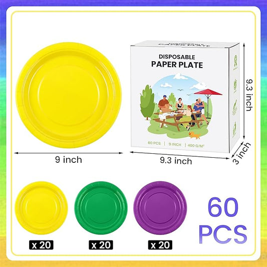 Kochorie 60 Pieces Mardi Gras Disposable Paper Plates 9 Inch Heavy Duty Dinner Plates, Solid Color, Carnival Table Decorations Mardi Gras Party Supplies for Birthdays, Weddings, Daily Use