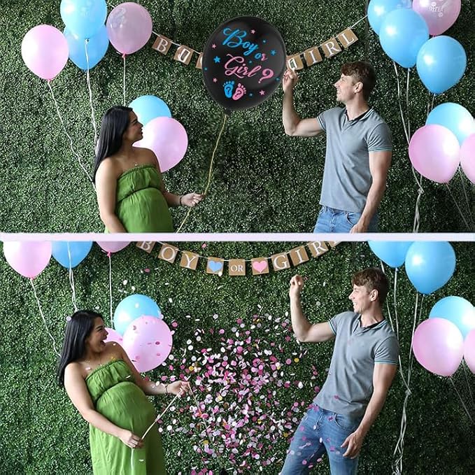 Gender Reveal Balloon 1 Pack 36 Inch Black Balloons Boy or Girl Baby Gender Reveal Decorations Kit Ideas with Pink Blue Heart Shaped Confetti Large Big Balloon Baby Shower Party Favors