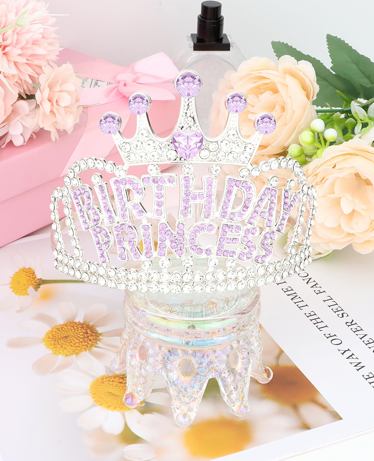 Wecoe Birthday Crown Purple Princess Rhinestone Tiara with Combs Happy Birthday Party Favors Pink Decorations 16th 18th 21st 25th Gifts for Her