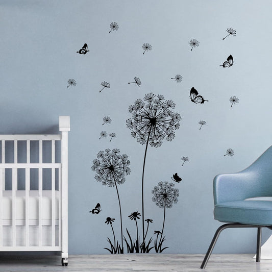 2 Sheets Dandelion Wildflower Wall Decals Art, Wall Art Stickers Peel and Stick Floral Butterflies Flying Decor for Girls Kids Women Baby Nursery Living Room Bedroom Bathroom Hallway Stairwell(Black)