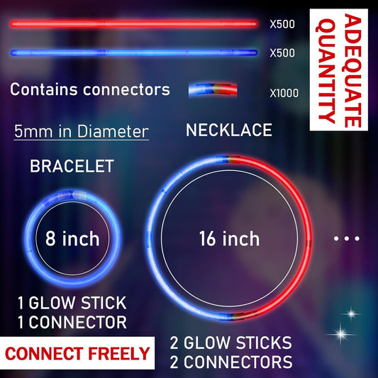 Lenwen 4th of July Red Blue Glow Sticks Bulk Party Favors Supplies 1000 Pcs, Light up Bracelets Necklaces Accessories Decorations, Fun Items for Fourth of July Patriotic Birthday Pool Games Activities