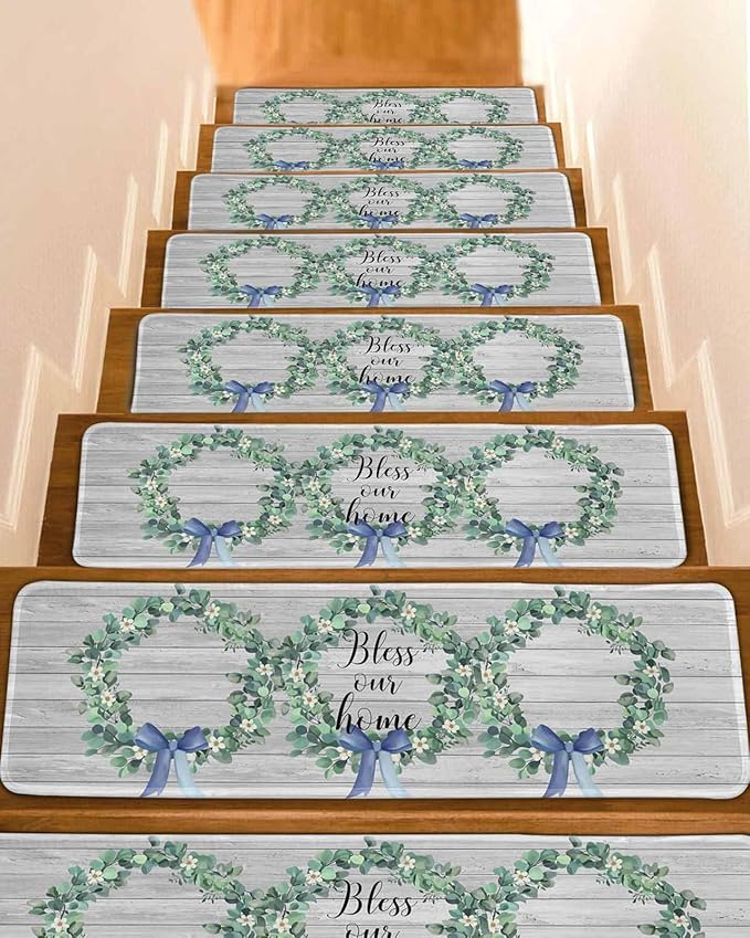 Spring Stair Treads Non Slip for Wooden Steps Eucalyptus Leaves Garland Bless Our Home Wood Grain Stair Runner Carpet Reusable Adhesive Staircase Rugs for Dogs, Elders and Pets, 8x30 Inch, 7PCS