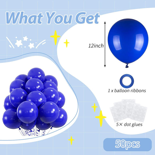 50pcs Royal Blue Balloons, 12inch Helium Quality Dark Blue Party Balloons for Birthday Graduation Baseball Party 4th of July Backdrops (with Ribbon & Glue)