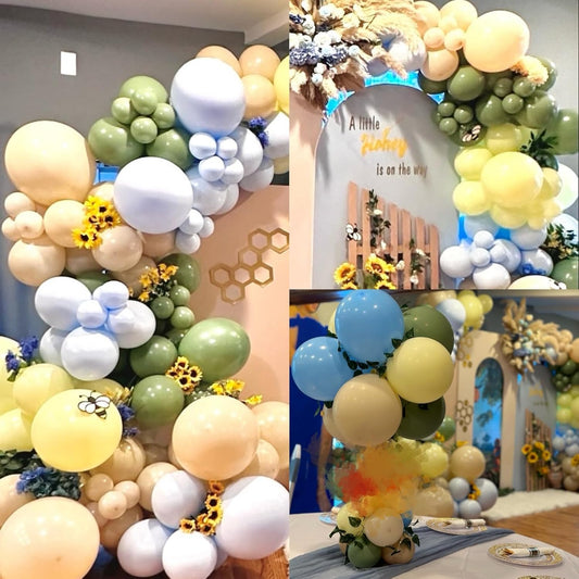 Green Blue Yellow Balloons Arch Dusty Blue Sage Green Beige Balloons Garland Kids Birthday Party Decorations Pastel Blue Yellow Olive White Latex Helium Balloon Bear Baby Shower