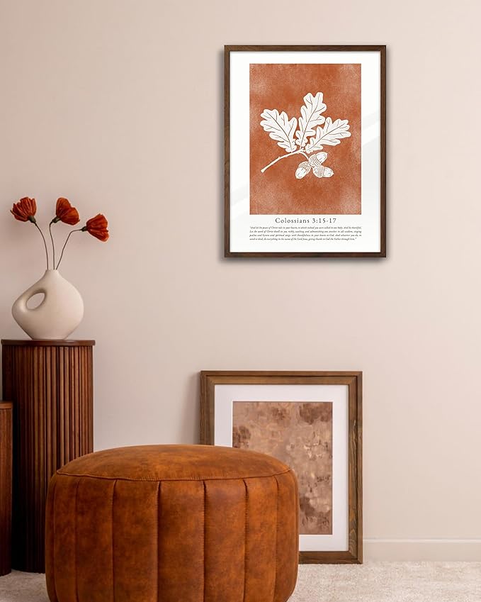EcoHest Vintage Christian Fall Framed Wall Art, 12x16 in Walnut Color OAK Wood Burnt Orange Bible Verse Canvas Wall Art, Botanical Scripture Colossians Faith Home Decor, 1Pack for Bedroom Living Room