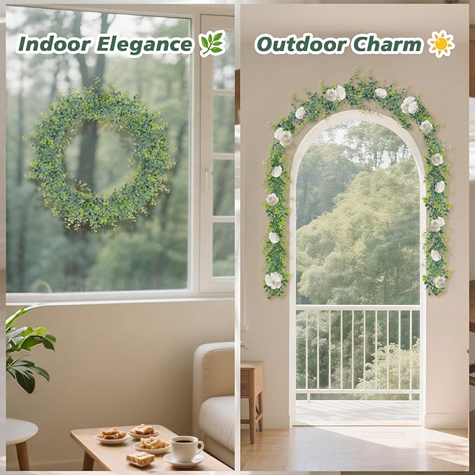 2 Pcs Eucalyptus Garland - Artificial Eucalyptus Vines Garlands Artificial Greenery Garland for Decoration Green Fake Vines for Wedding Backdrop Fireplace Wall Table Porch Staircase Decor