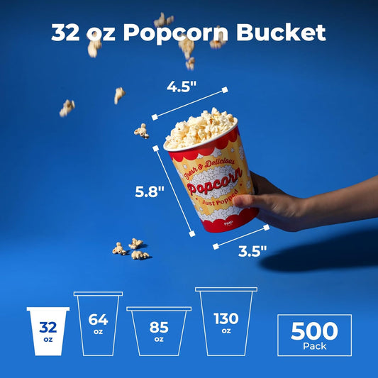 Fit Meal Prep 500 Pack Classic Paper Popcorn Buckets Disposable, 32 Oz Grease Resistant Popcorn Bowls Cups for Machine Home Theater Carnival Movie Night