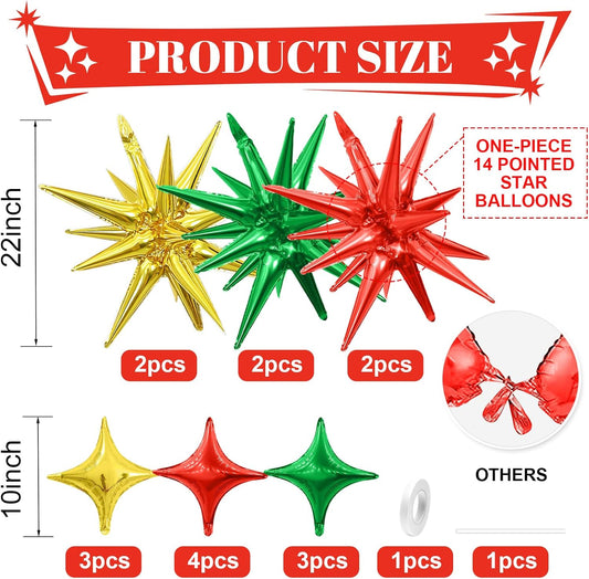 Red Green Gold Star Balloons Kit - 6 22-Inch Cone Foil and 10 10-Inch Four Pointed Balloons for Christmas Birthday Anniversary Party Decorations