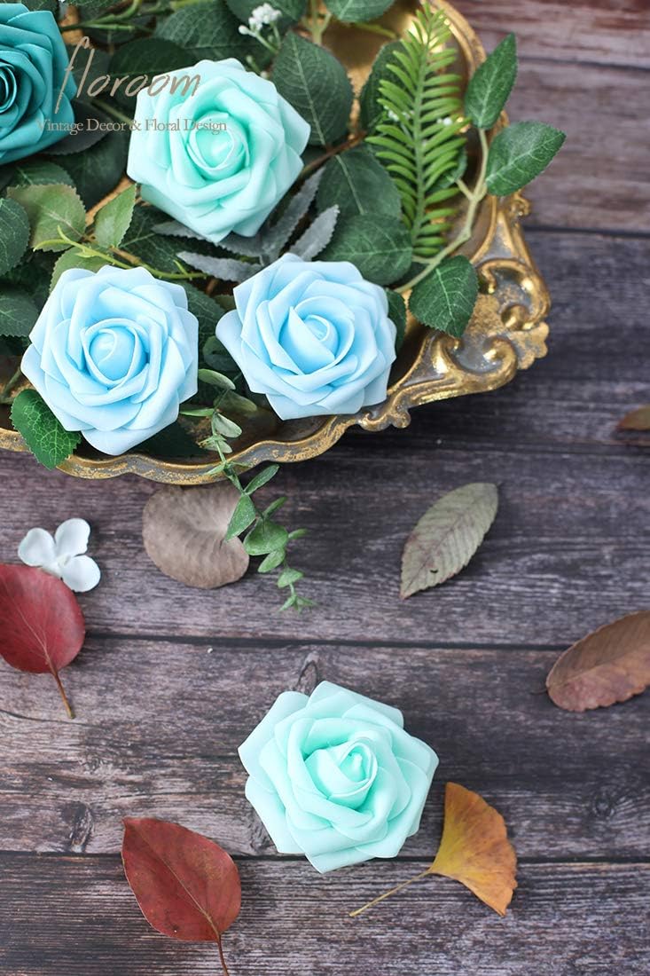 Floroom Artificial Flowers 50pcs Real Looking Aqua Blue Foam Fake Roses with Stems for DIY Wedding Bouquets Bridal Shower Centerpieces Floral Arrangements Party Tables Home Decorations