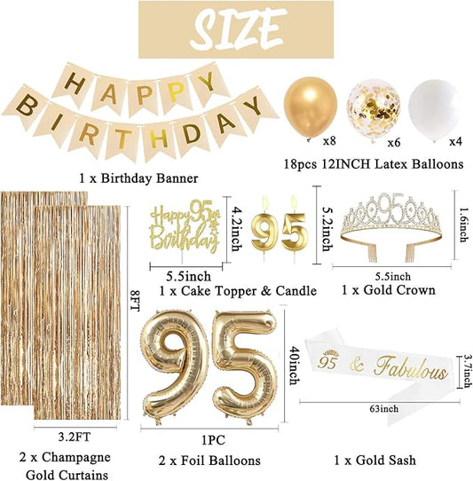 Trgowaul 95th Birthday Decorations for Women, Banner, Sash and Crown, Cake Topper, 95 Number Balloon, Fringe Curtains, Champagne Gold 95th Birthday Party Supplies