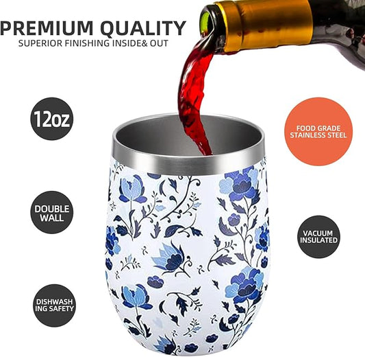 12 oz Insulated Wine Tumbler with Lid and Straw,Stainless Steel Stemless Wine Tumbler Glasses Double Wall Vacuum Wine Cups Tumbler Bulk for Coffee,Cocktail,Office (Blue and White Porcelain,8)