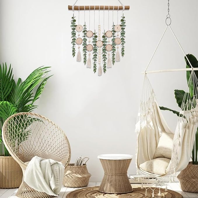 Boho Wall Decor Artificial Eucalyptus Bathroom Decor Fake Eucalyptus Greenery Leaves Stems Wall Hanging Plants on 16.5 inch Wooden Stick with Wooden Bead Rustic Farmhouse for Bedroom Nursery Kitchen