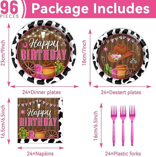 96 Pcs Cowgirl Decorations Party Supplies Western Theme Paper Plates Cow Print Party Plates Western Disposable Plates and Napkins Girl Rodeo Pink Birthday Wild West Tableware Decor for Kids Serves 24