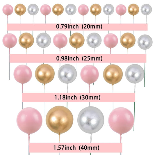 Gyufise 30Pcs Balls Cake Topper Foam Ball Cake Picks Mini Balloon DIY Cake Insert Topper Decoration for Baby Shower Wedding Anniversary Kids Birthday Party Cake Decorations Gold Silver Pink