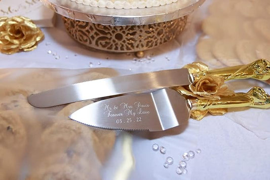 GIFTS INFINITY Personalized Gold Interlock Hearts Wedding Cake Knife and Server Set with Engraving – Keepsake Gift for Wedding, Anniversary, Reception, Birthday & Other Occasions (2541-PU)