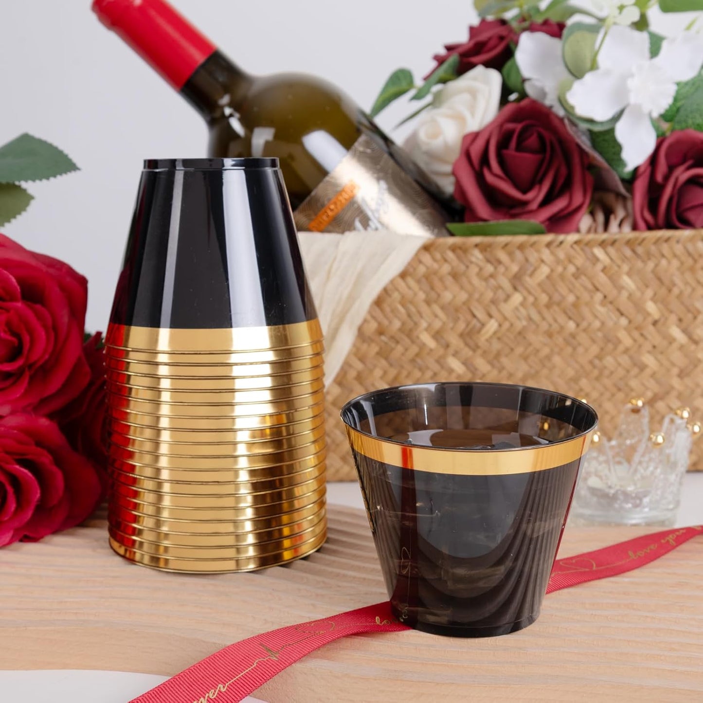 supernal 100 Pcs 9 oz Gold and Black Plastic Cups,Gold Rimmed Disposable Cups,Disposable Party Cup party,Plastic Cocktail Cups for Weddings, Birthdays & Festive Celebrations