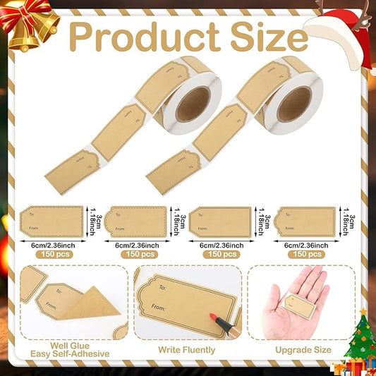 600 Pcs Gift Tag Stickers, 4 Styles Natural Kraft to and from Gift Tag Stickers 1.18"X2.36" Self Adhesive Christmas Labels Holiday Present Labels, 300 Pcs/Roll