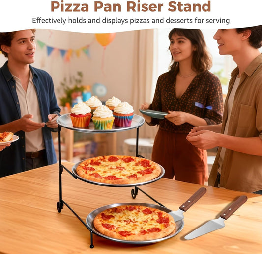 7 Pcs Pizza Pan Riser Stands Sets, Including 3 Tier Dessert Stand with Stainless Steel Pizza Pans(7.87in), and 3 Cake Spatulas for Cakes, Desserts, Pizza, Appetizers