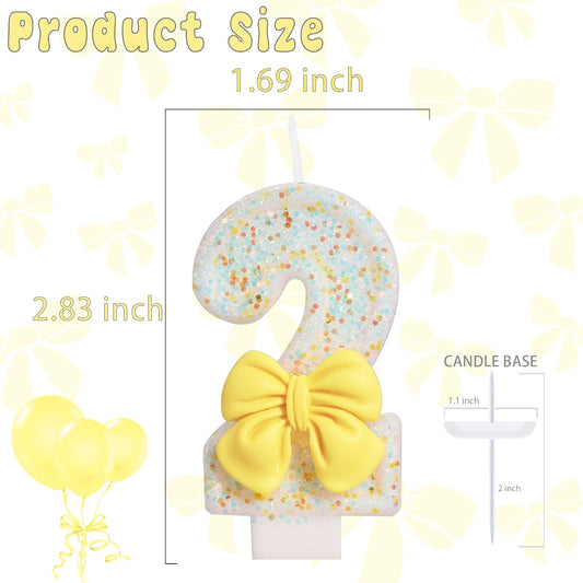 Birthday Candle for Cake, Yellow Bow Cake Candles, Cake Topper Decoration for Birthday Party (Number 2)