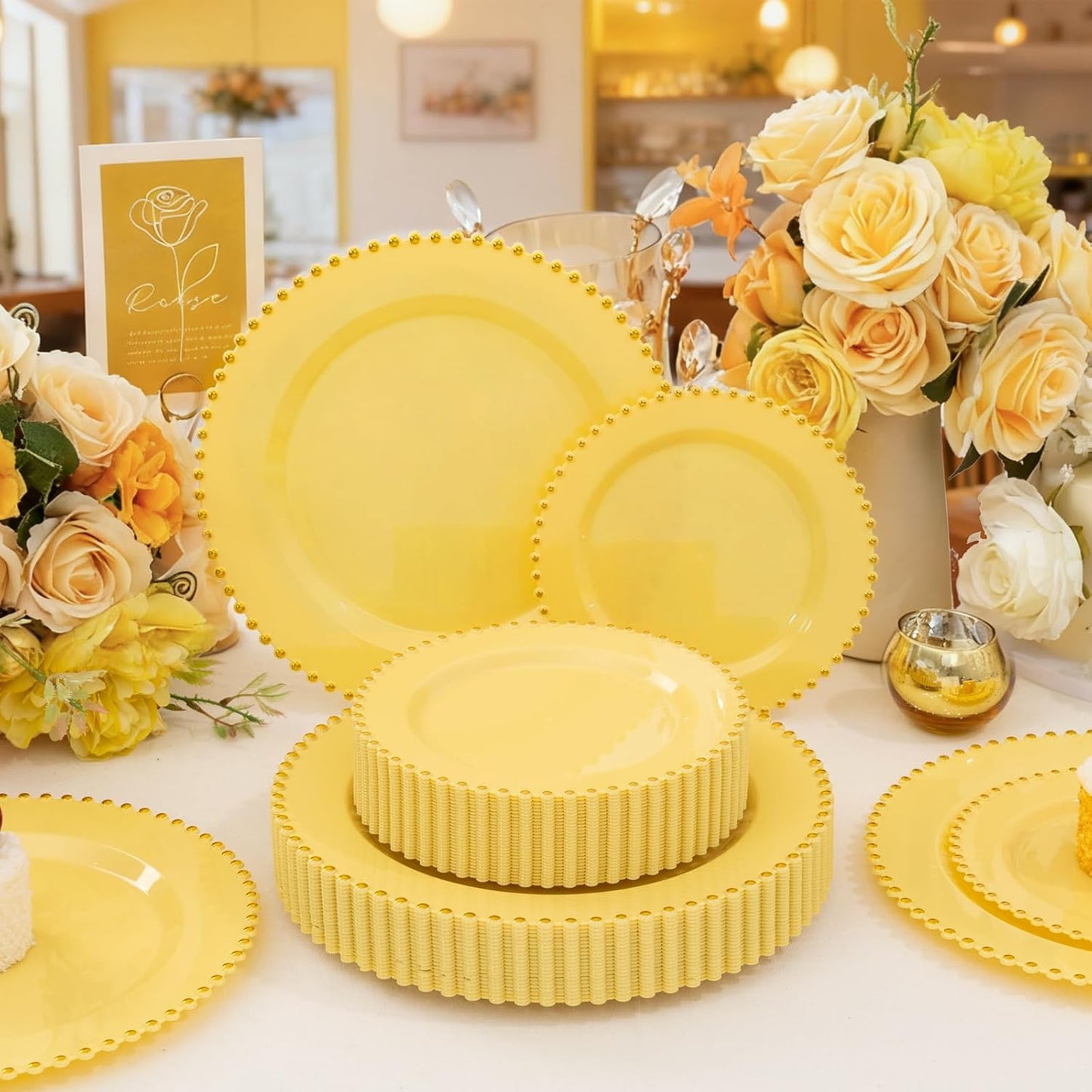 Supernal 100pcs Yellow Plastic Plates,Heavy Duty Plastic Plates,Yellow Party Decorations with Gold Beaded Including 50 Dinner Plate and 50 Disposable Dessert Plate,Pretty Disposable Platos for Wedding