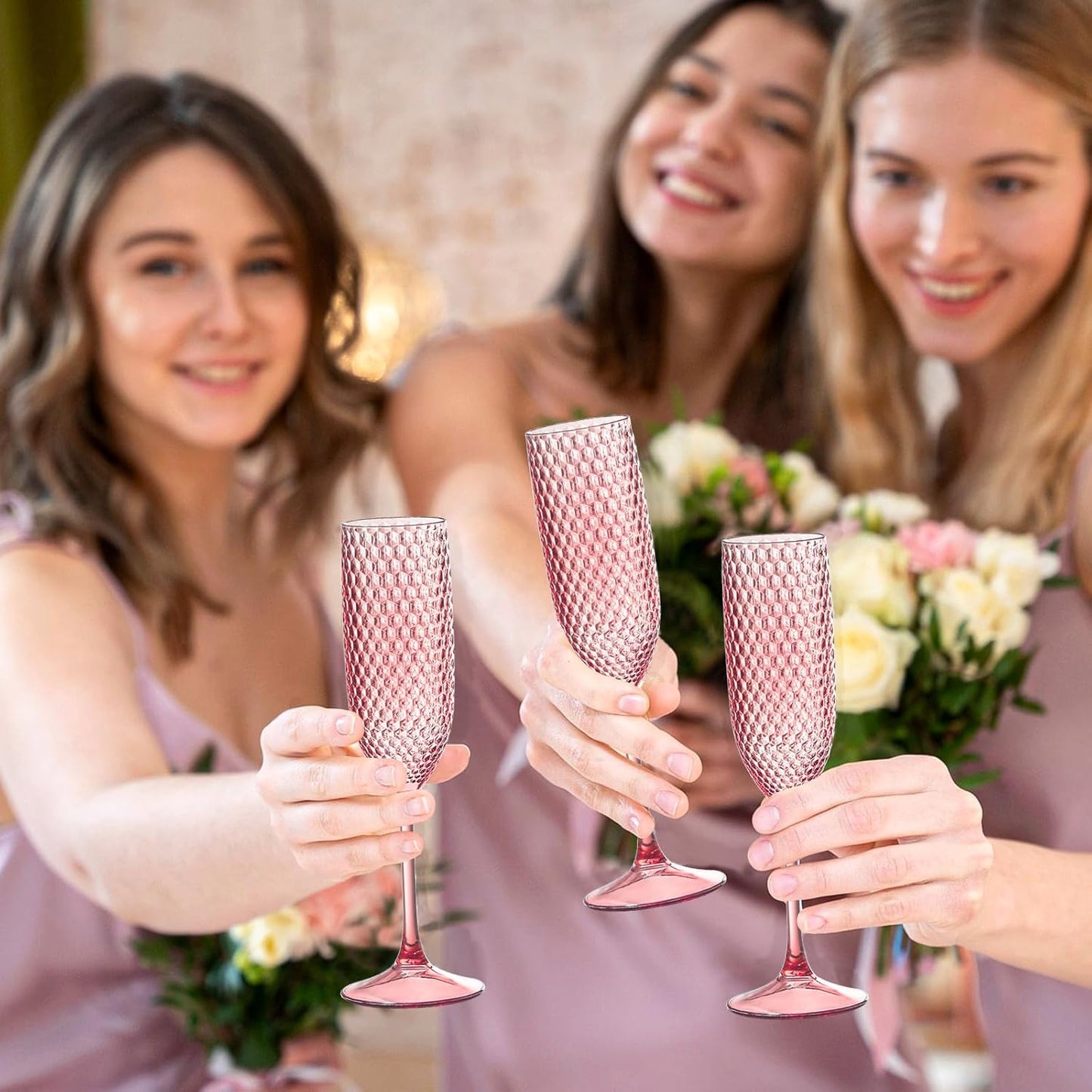 Plastic Champagne Flutes Champagne Glasses Unbreakable Wedding Toasting Glasses Reusable Diamond Wine Glasses Crystal Clear Party Wine Cups Vintage Drinking Glasses 5.5 OZ for Wedding (12, Pink)