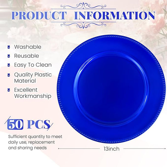 50 Royal Blue Charger Plates Bulk, 13" Round Beaded Decorative Dinner Chargers for Wedding Party, Baby Shower Event Decoration