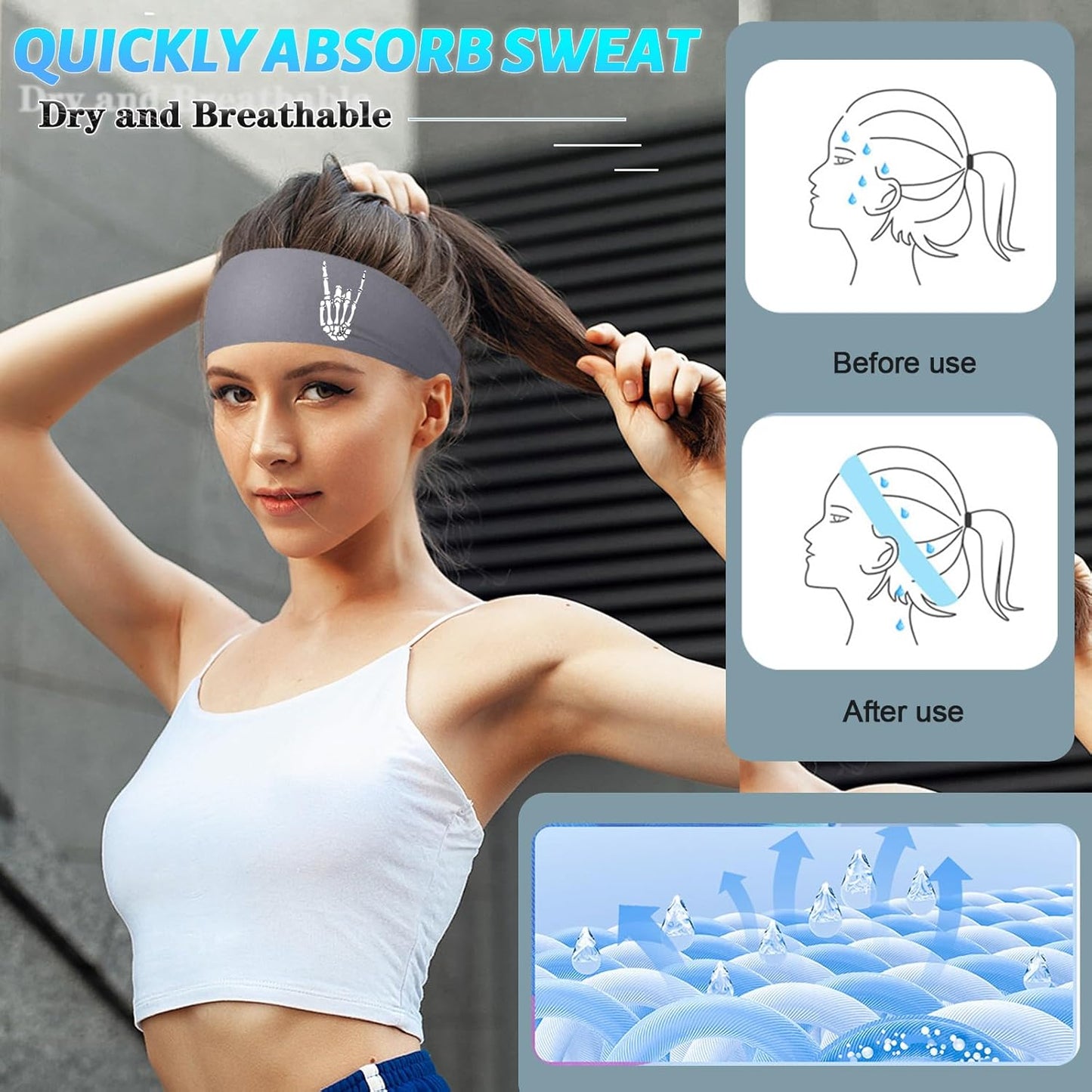Headbands for Men 3 Pack Sport Sweat Bands Headbands Men Skull Finger Workout Sweatbands for Mens Women Head Bands Cooling Running Men's Hairband Headband