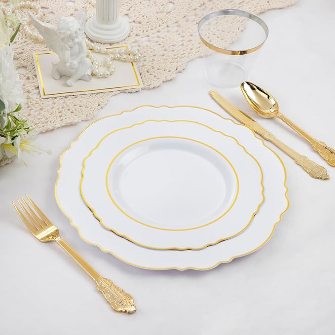 Liacere 175pcs Gold Plastic Plates - White and Gold Disposable, 50PCS Plastic Dinner Plates, Perfect for Wedding & Party & Holiday & Mother's Day & Easter Day