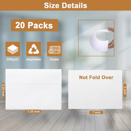 White Blank Note Cards and Envelopes 5 x 7 Heavyweight Single Panel Cardstock and A7 Envelopes Printable Self Seal 20 Packs for Wedding Invitations, Birthday, Thank You Cards, Baby Shower