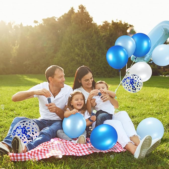 68Pcs Blue and White Balloons Kit 12 Inch, Blue Confetti Balloons Light Blue Baby Blue Pearl White Party Balloons with Ribbons for Birthday, Wedding, Baby Shower, Graduation Decorations