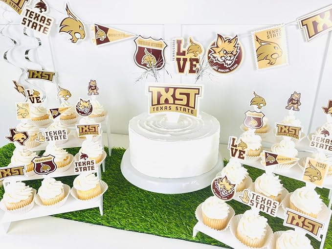Texas State Party Supplies for TXST Football, Birthday Gift, Graduation Party Banner and Cake Toppers (42 Pieces) (Texas State Bobcats)