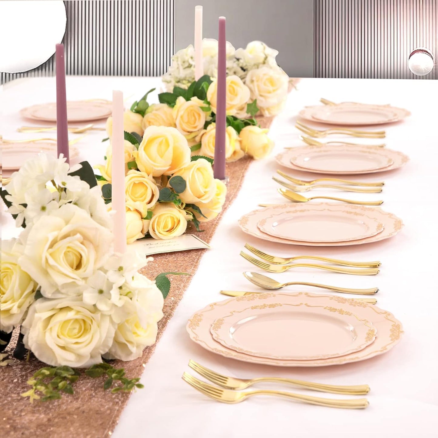 DaYammi 60 PCS Pink Gold Plastic Plates, Pink Disposable Plates with Gold Rim Include: 30 Dinner Plate, 30 Dessert Plate for Party, pink plastic plates with Vintage lace for Wedding