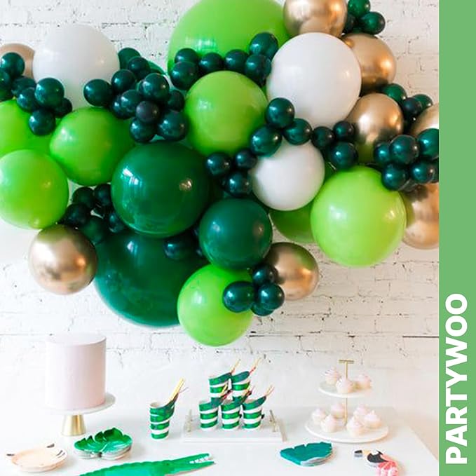 PartyWoo Green Balloons 65pcs 12 Inch Light Lime Dark Emerald Hunter Forest Metallic Green Gold Confetti Balloons for Baby Shower Wedding Engagement Jungle Woodland Birthday Party Decorations