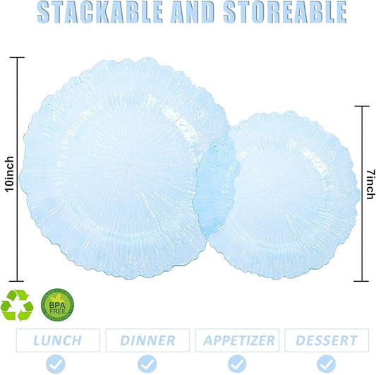 U-QE 60PCS Clear Blue Plates - Blue Plastic Hanukkah Plates Disposable&Reusable - Heavy Duty Plastic Plate for Hanukkah, Party&Wedding Including 30 Dinner Plate 10" & 30 Appetizer Plate 7"