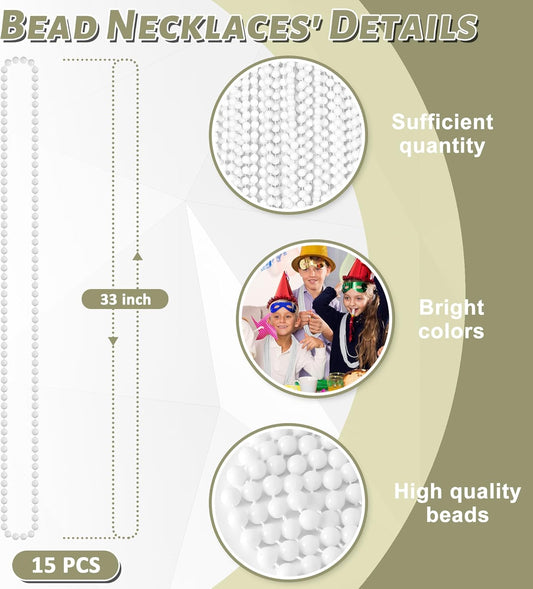15PCS White Bead Necklaces, Mardi Gras Beads Stuff Party Favors, 33" 6mm Round Festival Necklace Decorations Bulk, White Beads Necklace for Wedding Birthday School Celebrations Festival Parade Throws