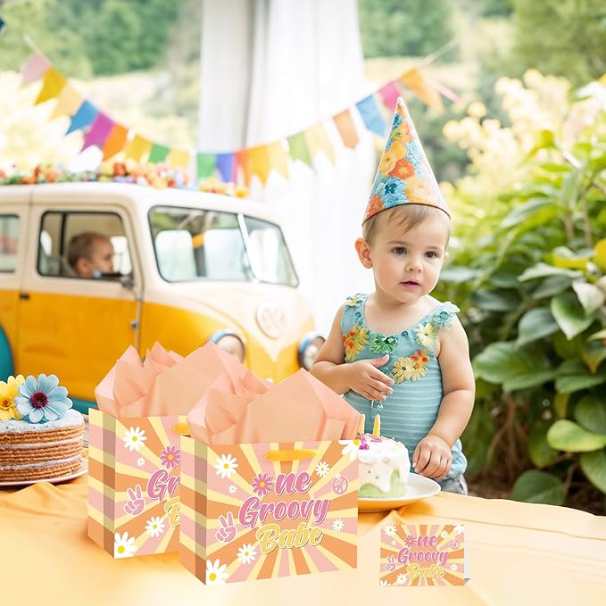 Groovy One Boho 1st Birthday Gift Bag for Girls with Card Tissue Paper, Daisy Flower Hippie First Birthday Wrapping Paper for Retro Baby Shower Party Gift Wrap Christmas Decorations Supplies