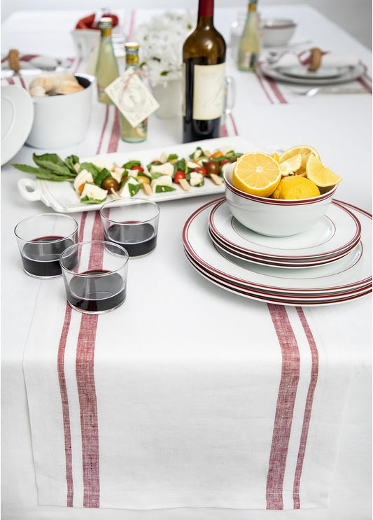 Solino Home Linen Table Runner 120 Inches Long - 100% Pure Linen Burgundy and White French Stripe Table Runner 14 x 120 Inch for Dining, Fall, Autumn, Thanksgiving
