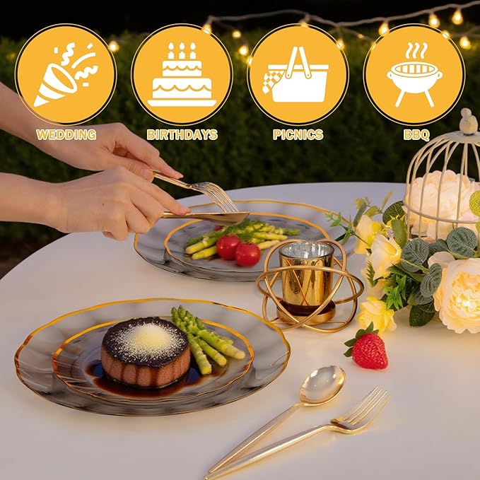 supernal 60Pcs Black and Gold Plastic Plates Heavy Duty Black Disposable Plates With Gold Rim,Elegant Clear Black Dinnerware For 30 Guests Perfect for Party,Birthday,Anniversary,New Year