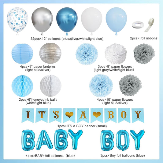 Ouddy Party Blue Baby Shower Decorations with Its a Boy Banner, Baby Boy Letter Metallic Blue Gray Silver Balloon Paper Pom Poms Honeycomb Ball for Baby Shower Gender Reveal Party Supplies