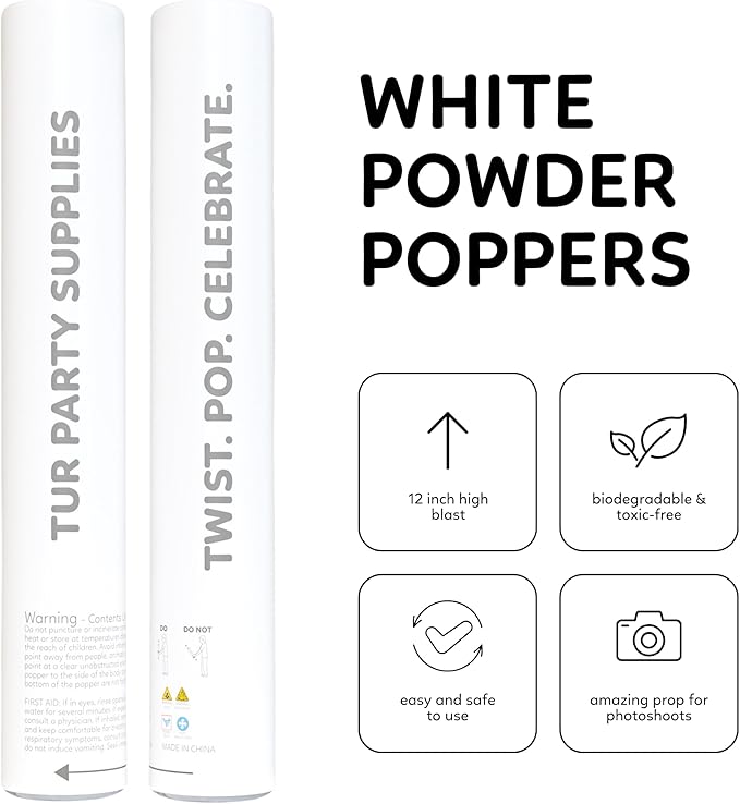 White Powder Cannons Smoke Bombs Biodegradable Poppers | 2 Pack | Launch up to 25 ft | 12 inch | Decorations For Photoshoots, Gender Reveal, Celebrations, Festivals, and Parties | TUR Party Supplies
