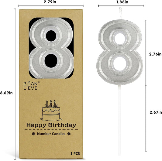 BEAN LIEVE Silver Birthday Candles Number 8, Silver Number Candles, Cake Number Candles for Birthday Parties and Wedding Anniversary Celebrations