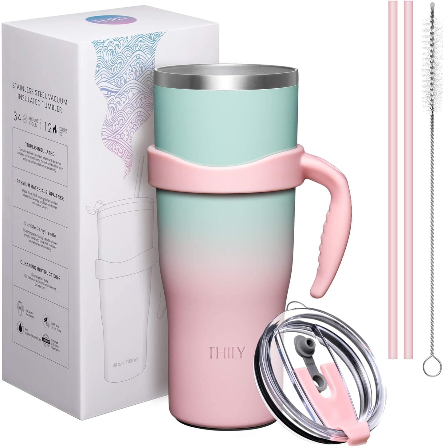 THILY 40 oz Insulated Tumbler with Handle - Stainless Steel Coffee Travel Mug with Lid and Straws, Keep Drinks Cold for 34 Hours or Hot for 12 Hours, Dishwasher Safe, BPA Free, Candy Pink