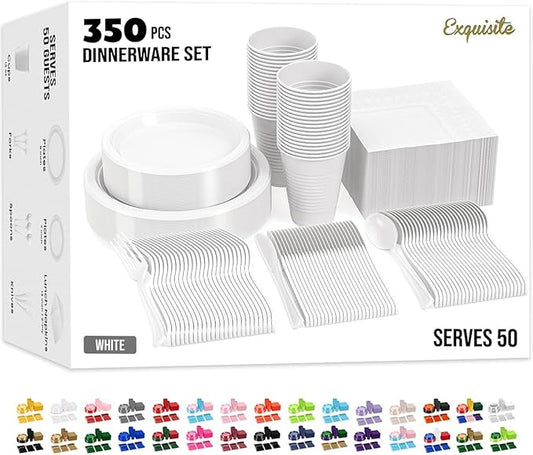 Party Solids 350 Pieces White Plastic Plates For Party, White Disposable Plates Set, 50 Of Each 9" Dinner Plate Set, 7" Dessert Plate, Cups, Napkins & Cutlery Plastic Dinnerware